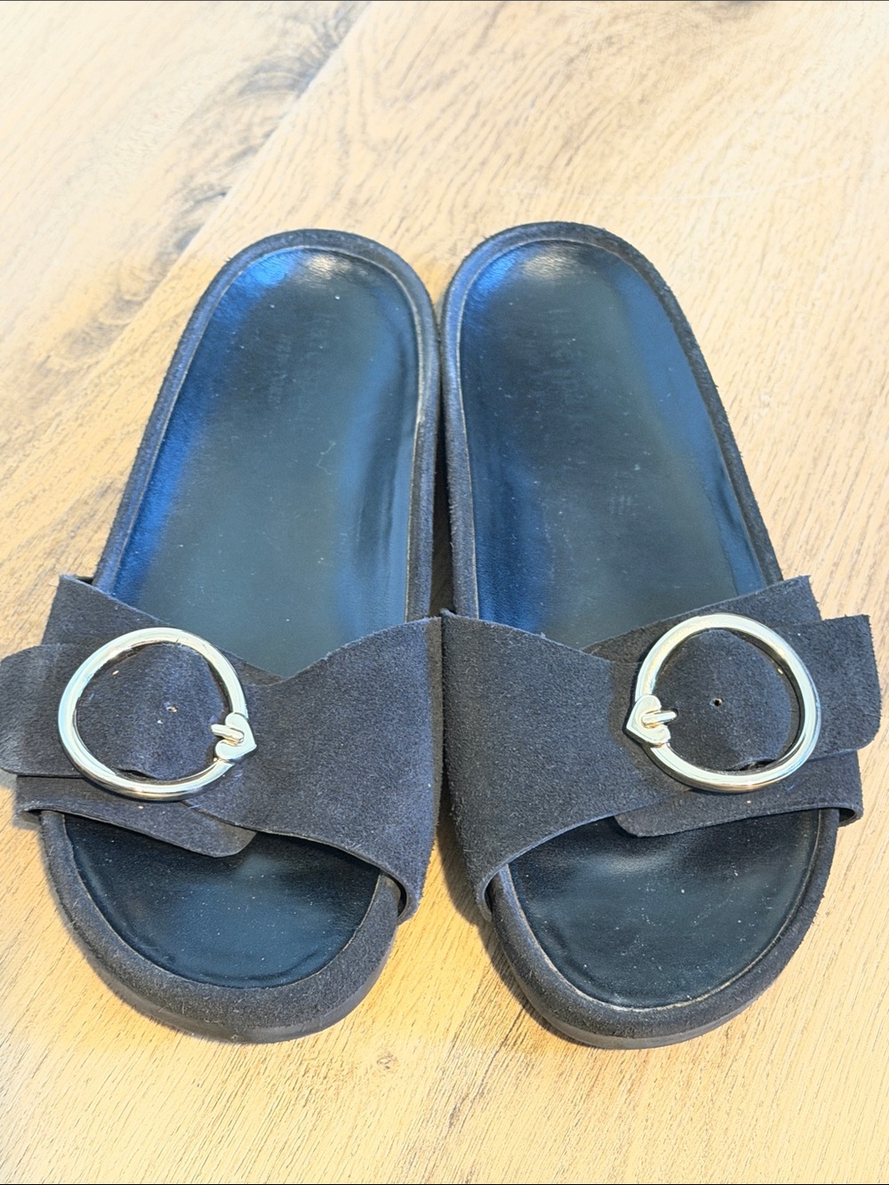 kate spade Black Suede Slide Mules with Silver Ring Accent
